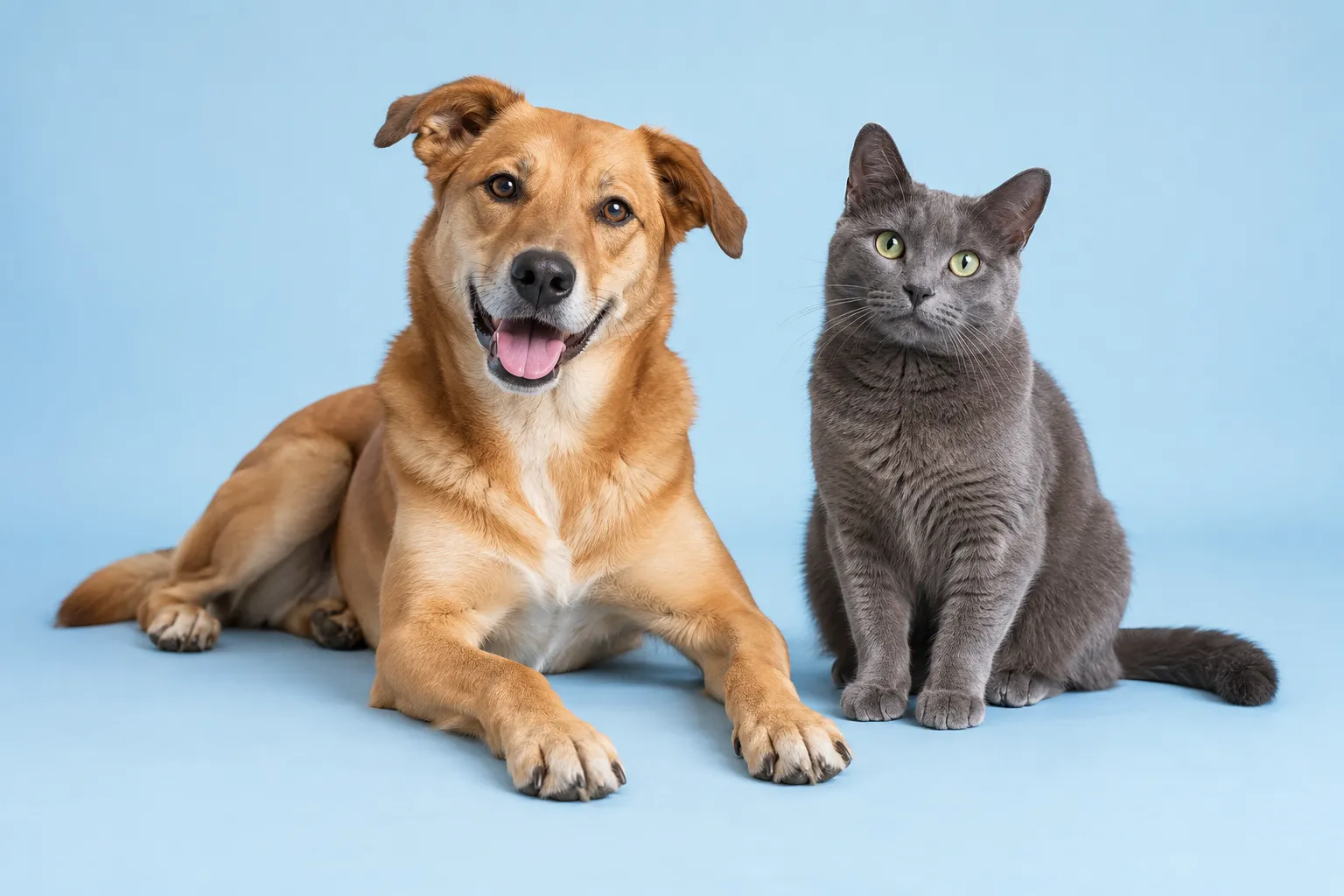 A relaxed dog and cat together in a bright space.